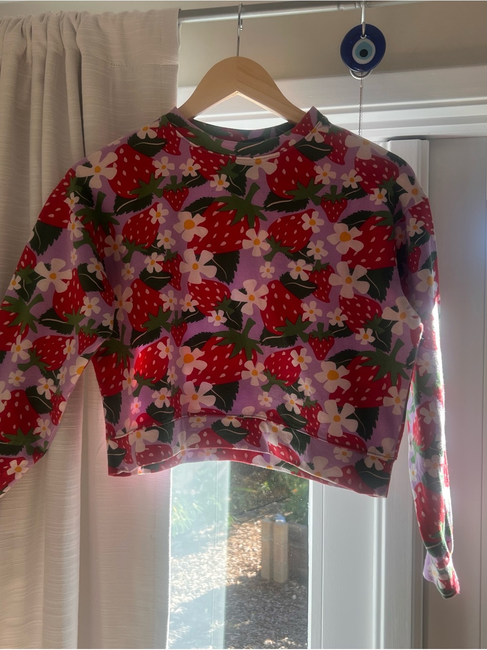 Nooworks Purple Strawberry Print Cropped Crewneck Sweater